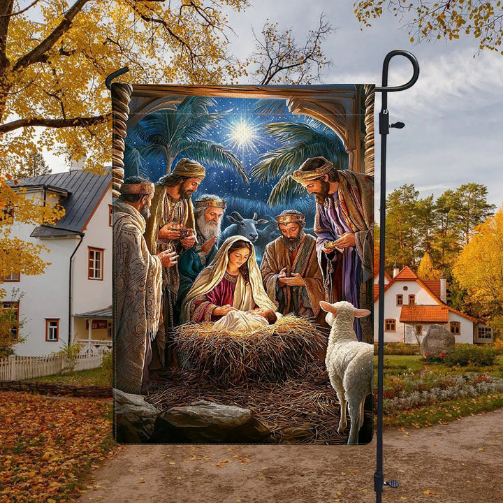 Christianartworkshop Gartenflagge mit heiliger Atmosphäre, Weihnachtskrippe: Heilige Drei Könige und Jesuskind - image 3
