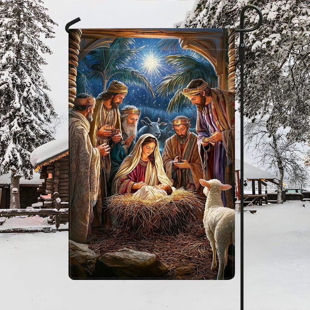 Christianartworkshop Gartenflagge mit heiliger Atmosphäre, Weihnachtskrippe: Heilige Drei Könige und Jesuskind - image 2
