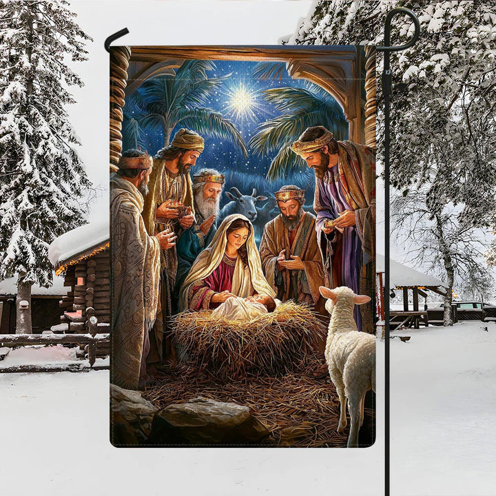 Christianartworkshop Gartenflagge mit heiliger Atmosphäre, Weihnachtskrippe: Heilige Drei Könige und Jesuskind - image 2