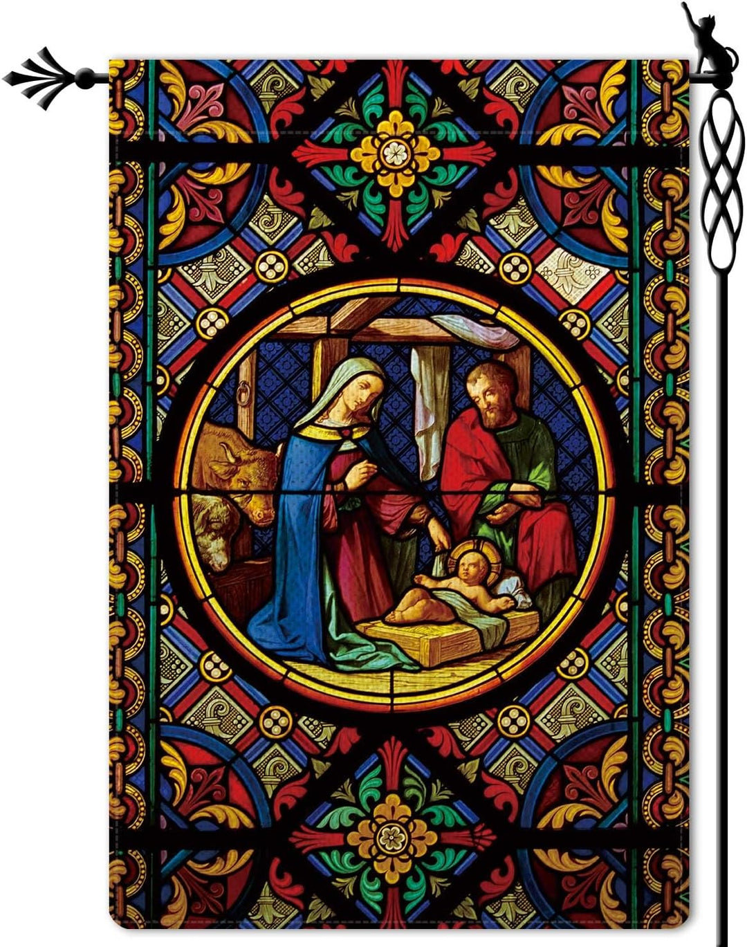 Christianartworkshop Gartenflagge mit Weihnachtskrippe, verziert, gebeizt, mit Heiliger Familie und göttlichen Farben - image 6