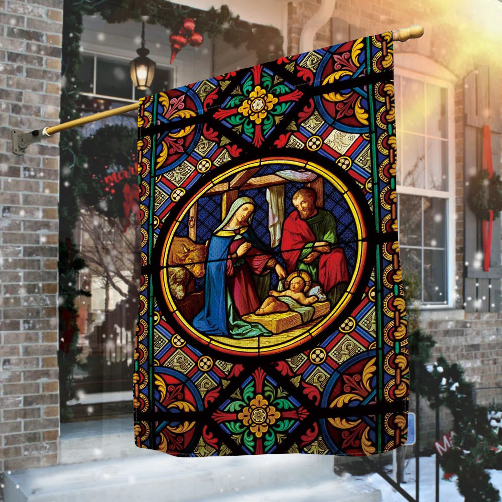Christianartworkshop Gartenflagge mit Weihnachtskrippe, verziert, gebeizt, mit Heiliger Familie und göttlichen Farben - image 1