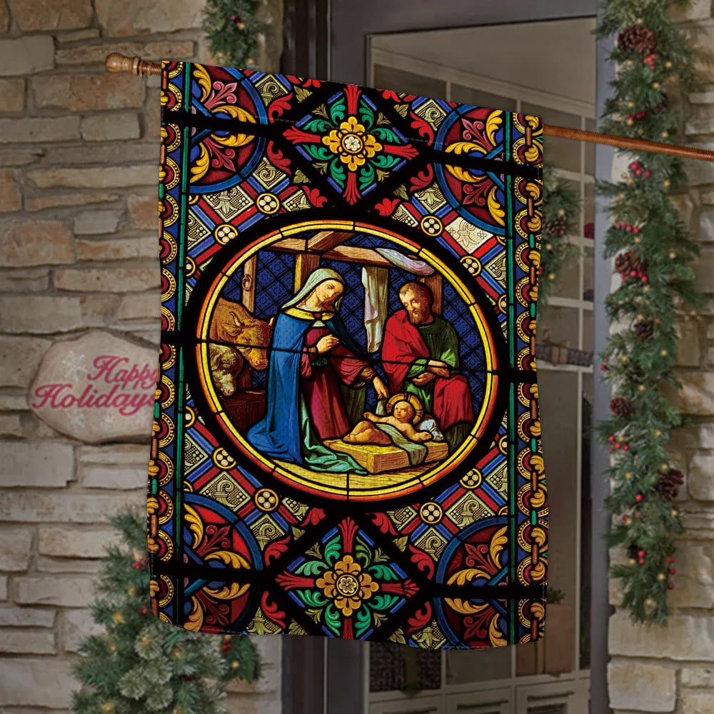 Christianartworkshop Gartenflagge mit Weihnachtskrippe, verziert, gebeizt, mit Heiliger Familie und göttlichen Farben - 90×150cm (3×5 Fuß) - image 0