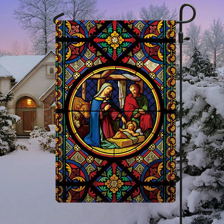 Christianartworkshop Gartenflagge mit Weihnachtskrippe, verziert, gebeizt, mit Heiliger Familie und göttlichen Farben - image 2