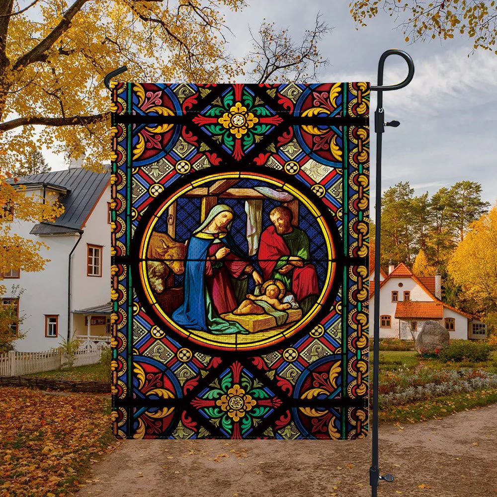Christianartworkshop Gartenflagge mit Weihnachtskrippe, verziert, gebeizt, mit Heiliger Familie und göttlichen Farben - image 4