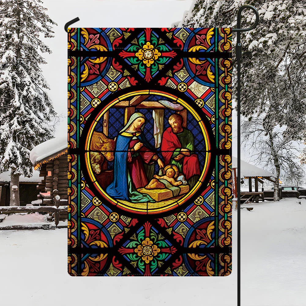 Christianartworkshop Gartenflagge mit Weihnachtskrippe, verziert, gebeizt, mit Heiliger Familie und göttlichen Farben - image 3