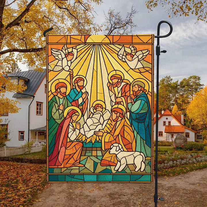 Christianartworkshop Gartenflagge mit strahlender Bemalung, Weihnachtskrippe, leuchtende Weihnachtsszene - 90×150cm (3×5 Fuß) - image 0