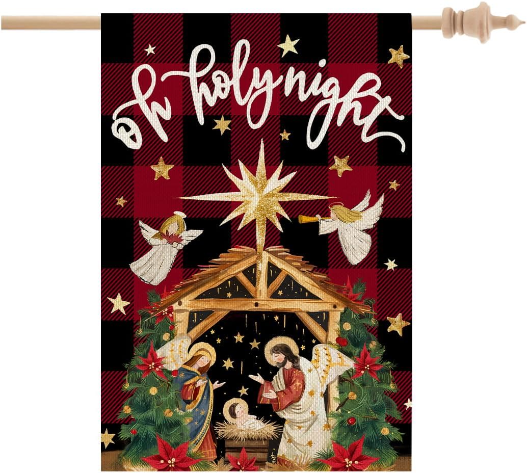 Christianartworkshop Traditionelle O Holy Night Buffalo Plaid Krippen-Gartenflagge mit Engeln - image 6