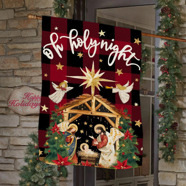 Christianartworkshop Traditionelle O Holy Night Buffalo Plaid Krippen-Gartenflagge mit Engeln - image 1