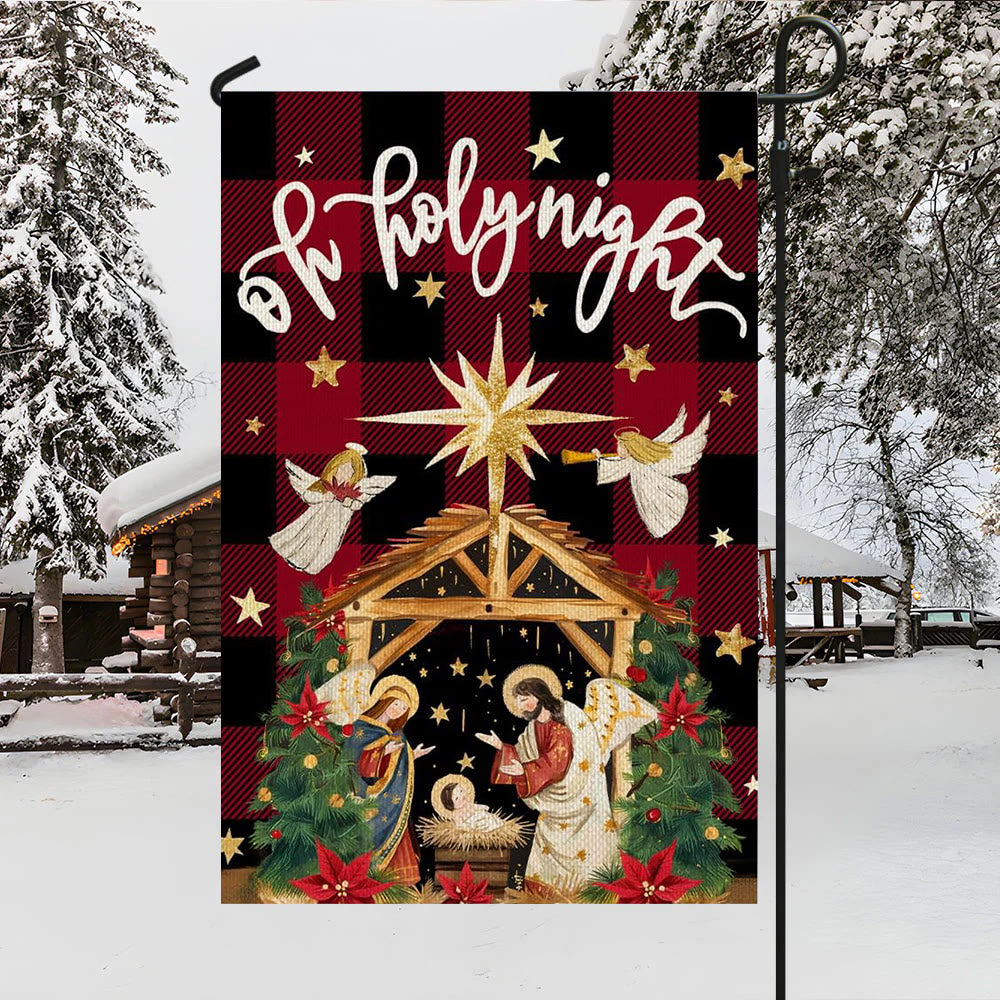 Christianartworkshop Traditionelle O Holy Night Buffalo Plaid Krippen-Gartenflagge mit Engeln - 90×150cm (3×5 Fuß) - image 0