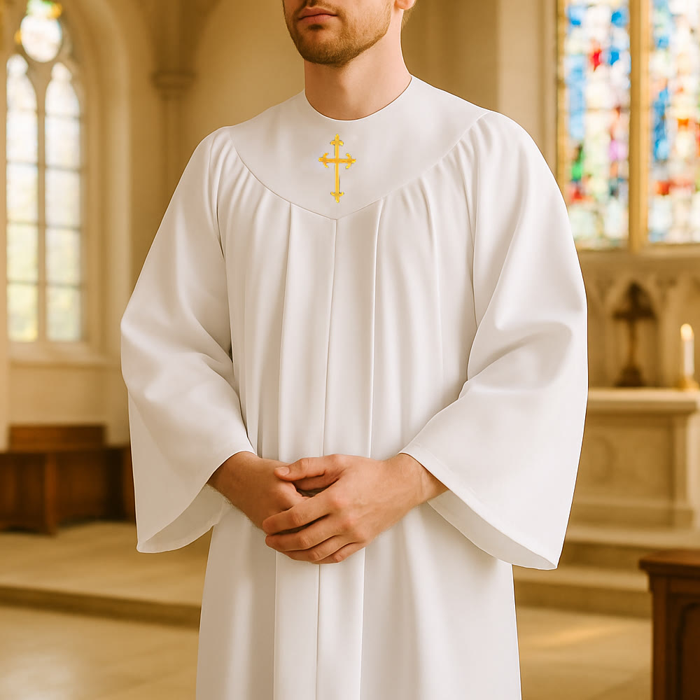 Christianartworkshop Geistliche Robe für religiöse Dienste – Kreuzakzent-Joch - Weiß - 3XL - image 0