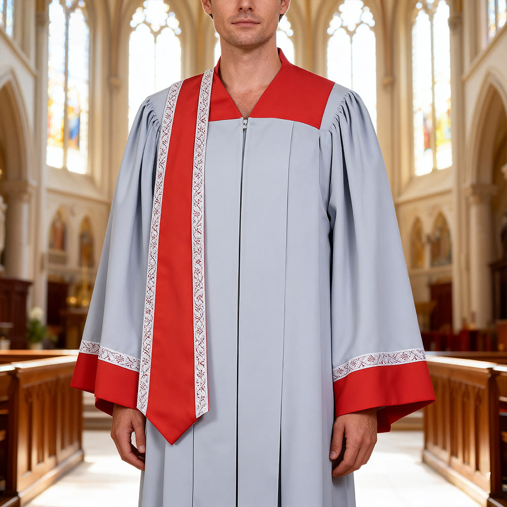 Christianartworkshop Priesterrobe für heilige Zeremonien – Grau und Rot mit zarten Details - Grau mit roten Streifen - 3XL - image 0
