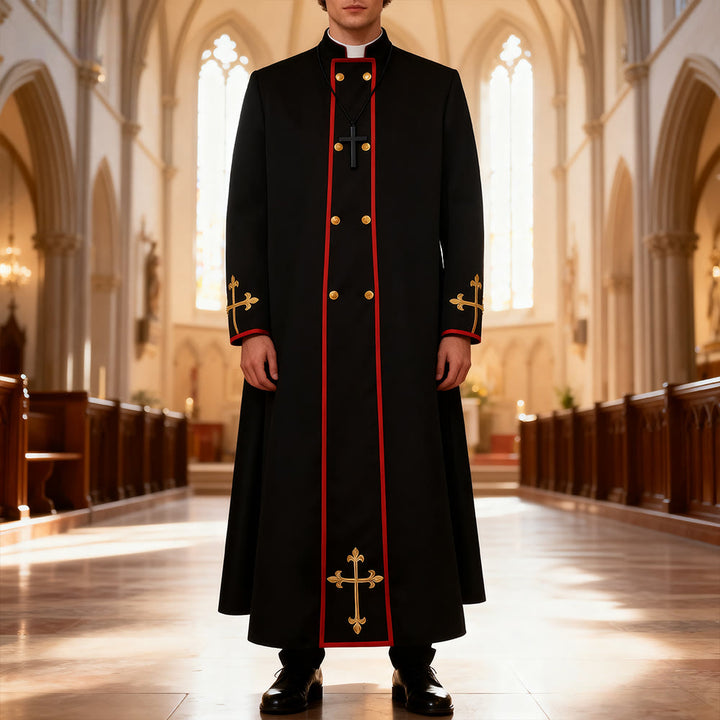 Christianartworkshop Zweireihige Priesterrobe mit goldenem Kreuz und rotem Besatz - image 0
