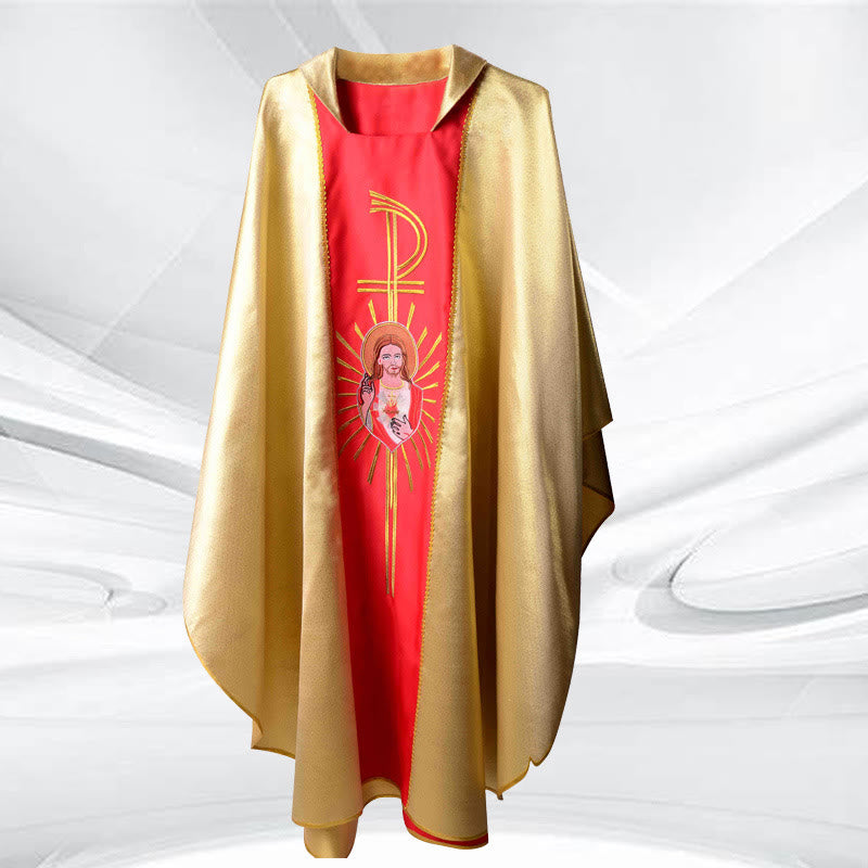 Christianartworkshop High-End-Kasel in Silber – Weiß/Blau & Gold/Rot mit thematischen Motiven - Golden & Rot - Einheitsgröße - image 1