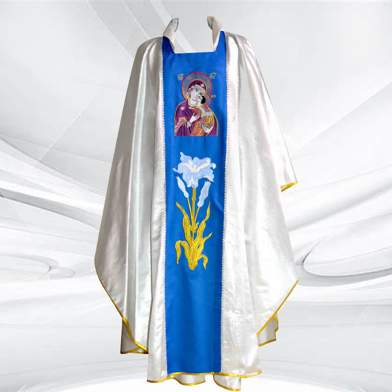 Christianartworkshop High-End-Kasel in Silber – Weiß/Blau & Gold/Rot mit thematischen Motiven - Weiß & Blau - Einheitsgröße - image 0