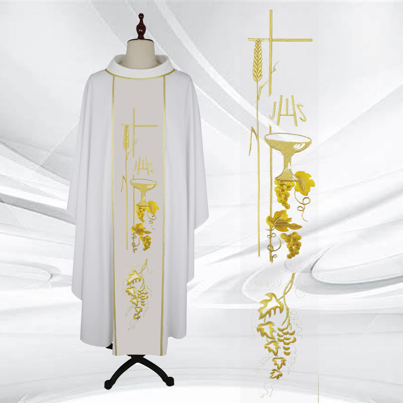 Christianartworkshop Mehrfarbige Kasel mit Kreuz, Kelch und Weizen – Traubenmotiven - Weiß - Einheitsgröße - image 2