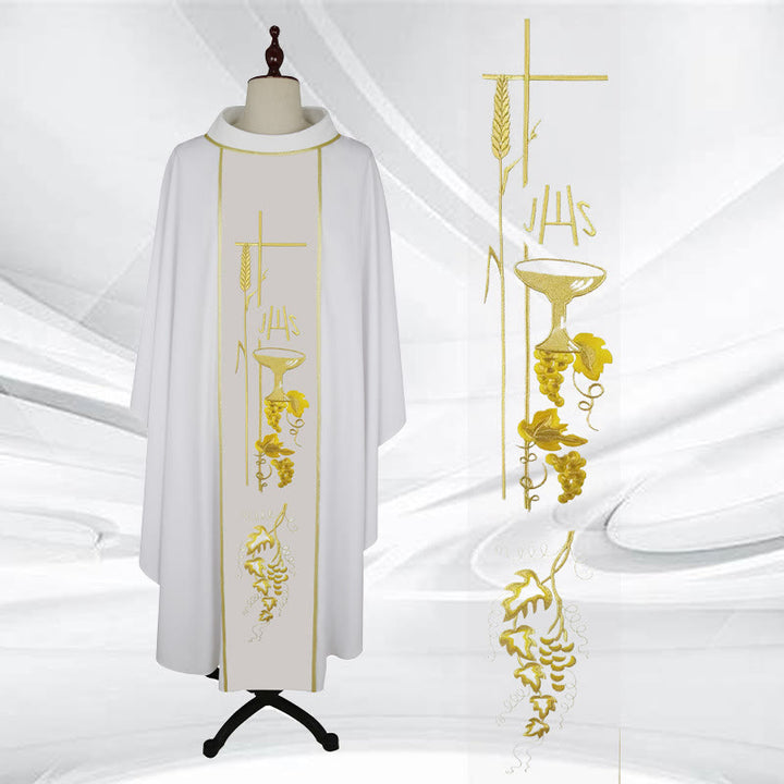 Christianartworkshop Mehrfarbige Kasel mit Kreuz, Kelch und Weizen – Traubenmotiven - Weiß - Einheitsgröße - image 2
