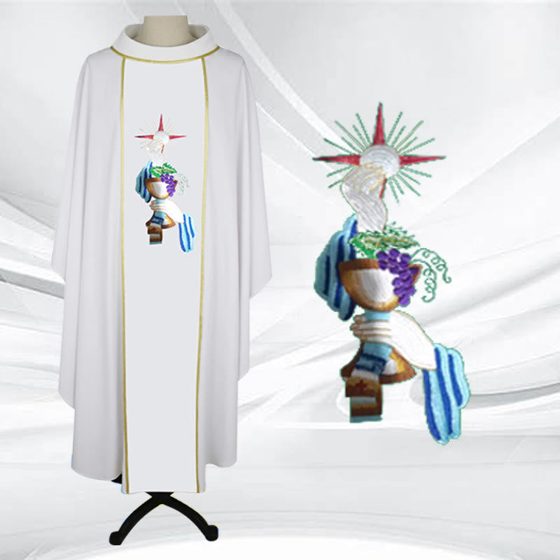 Christianartworkshop Kasel in vierfarbig mit Kelch - Trauben - Handmotive - Weiß - Einheitsgröße - image 3