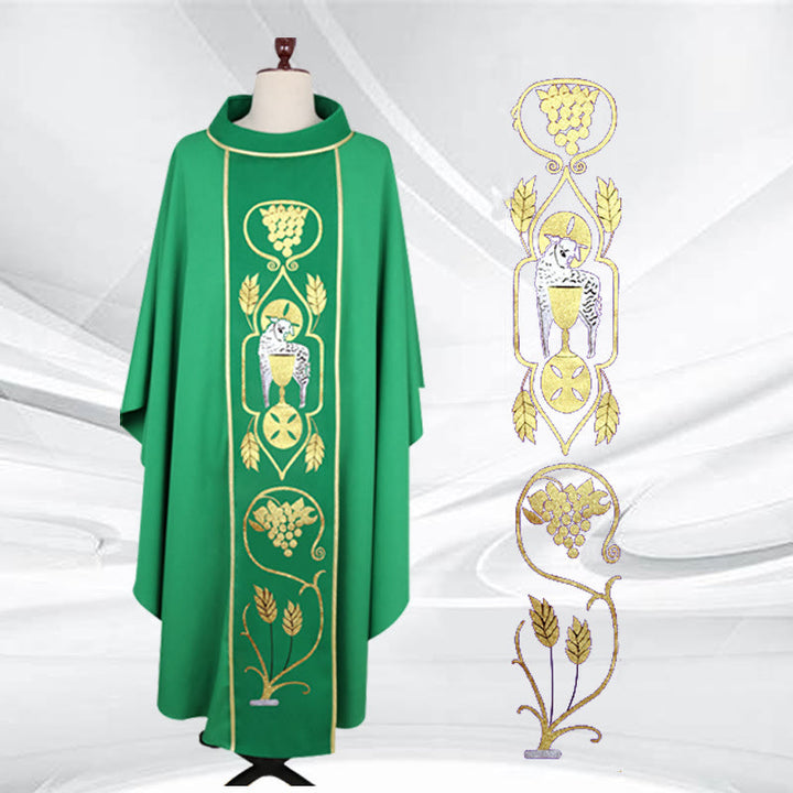 Christianartworkshop, sortiert – Farbiges Kasel-Set mit goldenen Lamm-, Trauben- und Kelchmotiven - Grün - Einheitsgröße - image 2