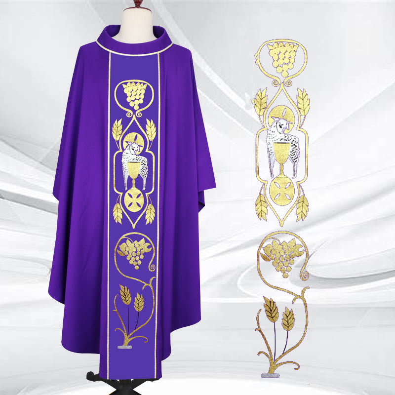 Christianartworkshop, sortiert – Farbiges Kasel-Set mit goldenen Lamm-, Trauben- und Kelchmotiven - Lila - Einheitsgröße - image 5