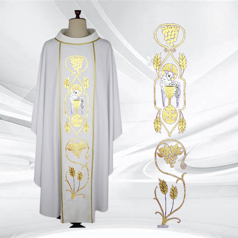 Christianartworkshop, sortiert – Farbiges Kasel-Set mit goldenen Lamm-, Trauben- und Kelchmotiven - Weiß - Einheitsgröße - image 3