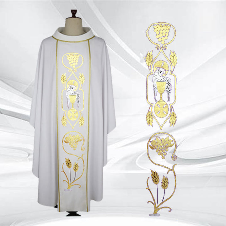 Christianartworkshop, sortiert – Farbiges Kasel-Set mit goldenen Lamm-, Trauben- und Kelchmotiven - Weiß - Einheitsgröße - image 3