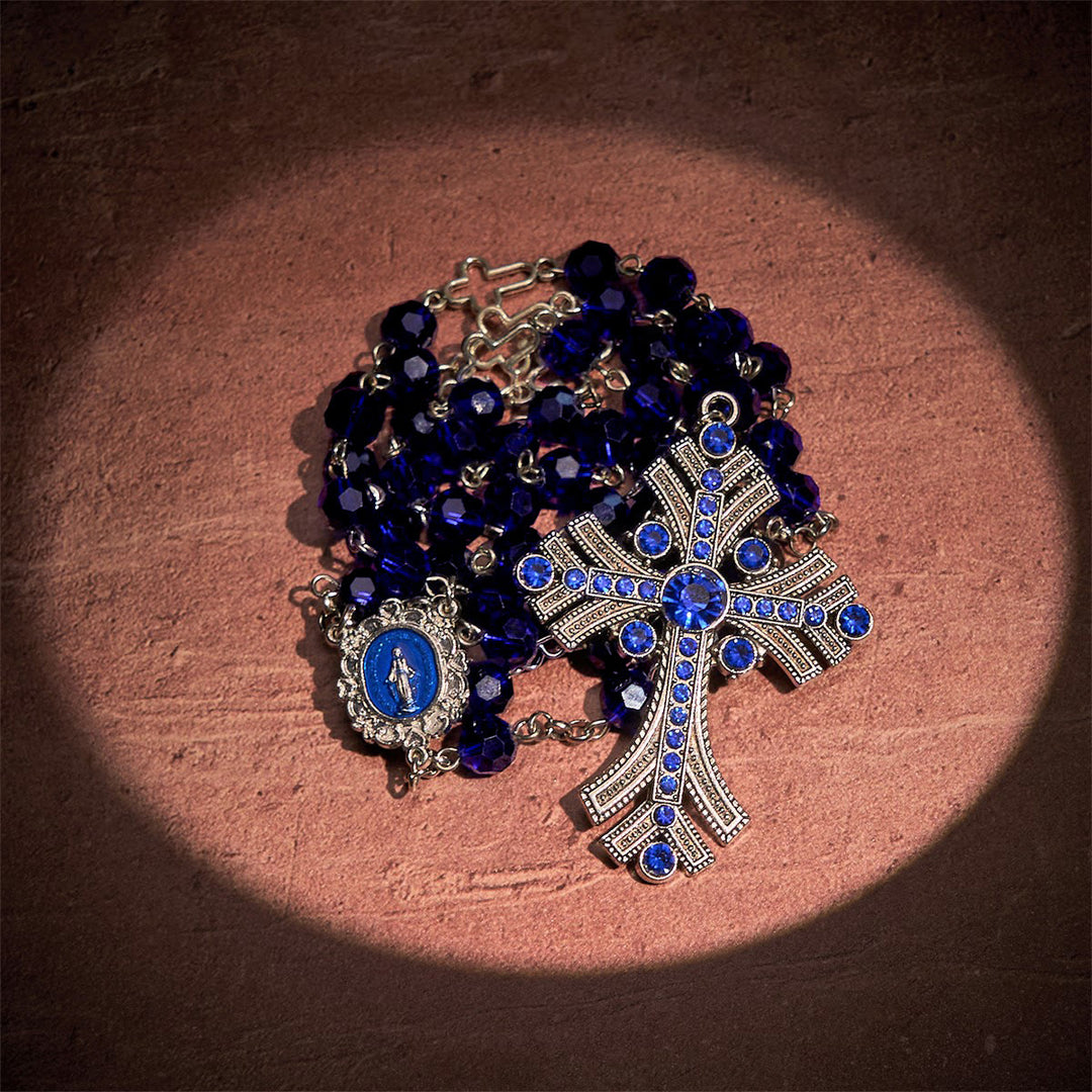 Christianartworkshop Wundertätige Medaille und Kreuz aus 8 mm Polyeder, blauer Kristall, Legierung, Rosenkranzkette - image 6