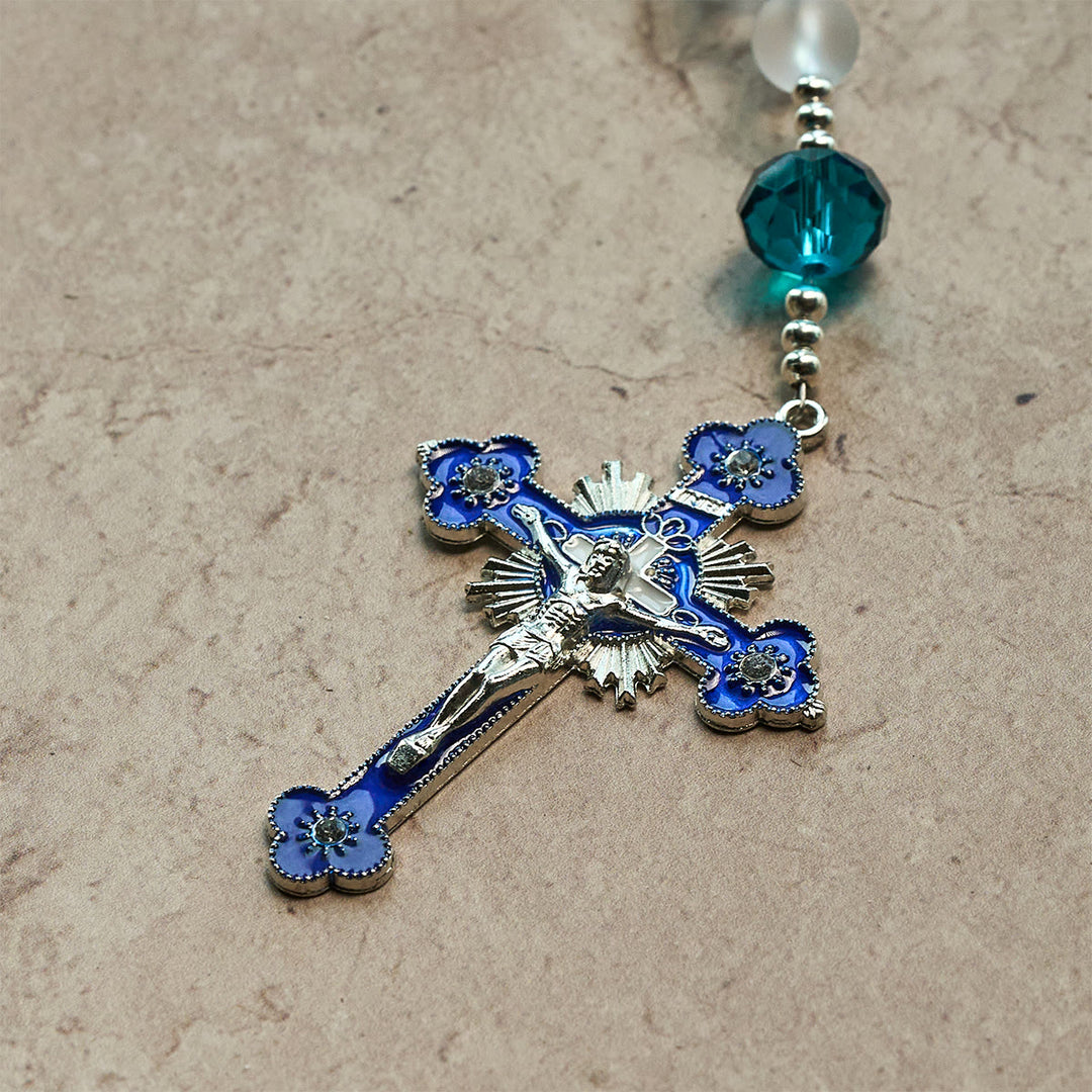 Christianartworkshop Rosenkranz aus mattiertem weißem Glas im Ozeanblau-Stil mit Kruzifix und Unserer Lieben Frau - image 7