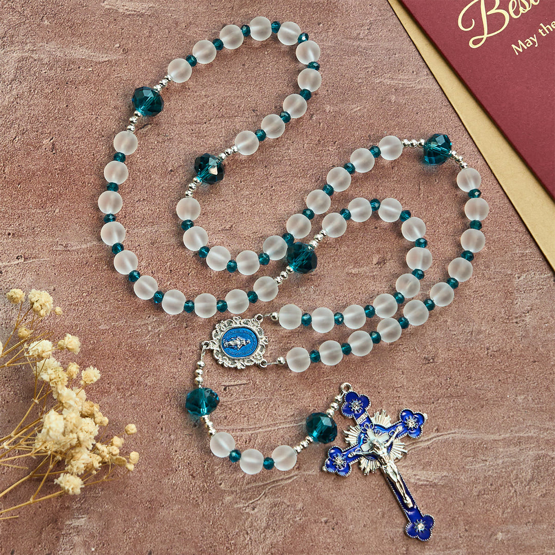 Christianartworkshop Rosenkranz aus mattiertem weißem Glas im Ozeanblau-Stil mit Kruzifix und Unserer Lieben Frau - image 4
