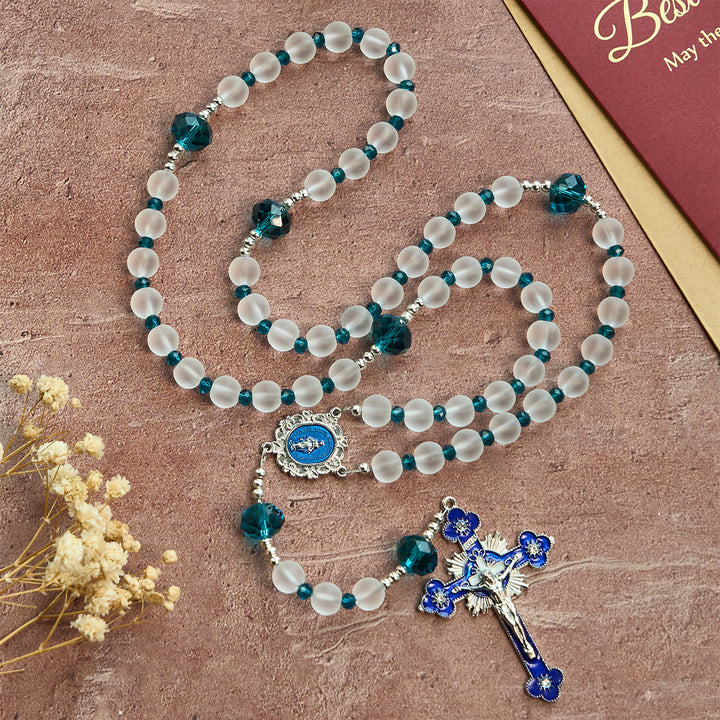 Christianartworkshop Rosenkranz aus mattiertem weißem Glas im Ozeanblau-Stil mit Kruzifix und Unserer Lieben Frau - image 4