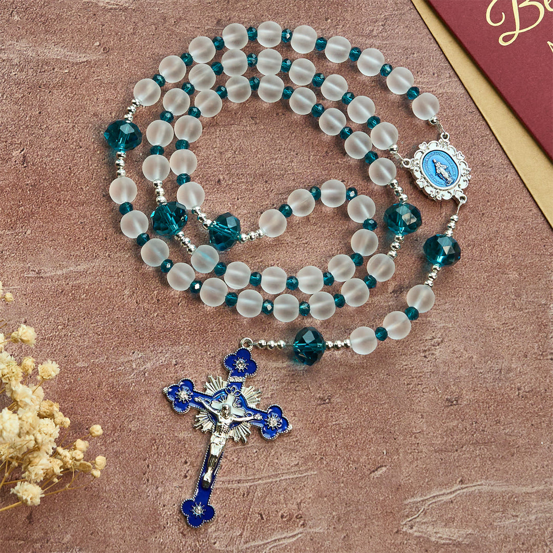 Christianartworkshop Rosenkranz aus mattiertem weißem Glas im Ozeanblau-Stil mit Kruzifix und Unserer Lieben Frau - image 5