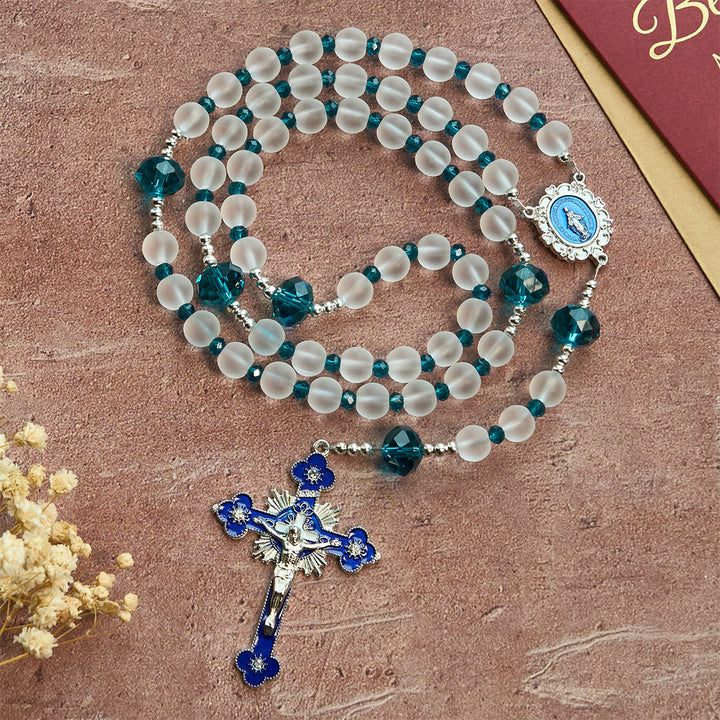 Christianartworkshop Rosenkranz aus mattiertem weißem Glas im Ozeanblau-Stil mit Kruzifix und Unserer Lieben Frau - image 5