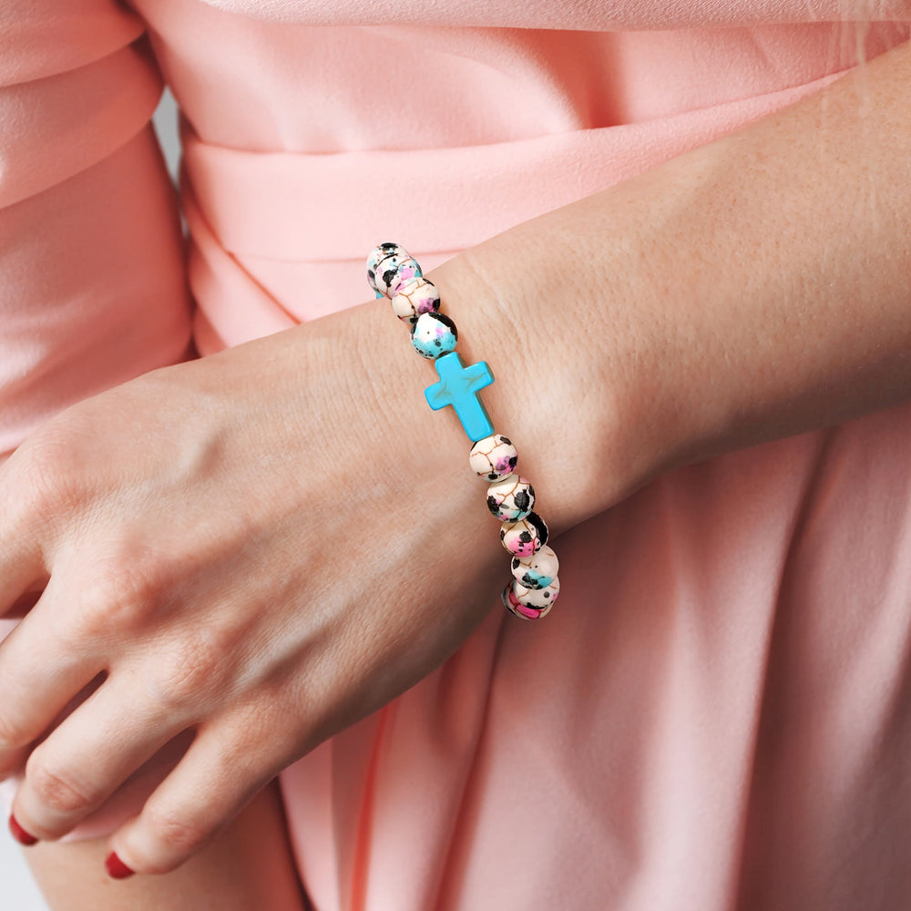 Christianartworkshop Inspirierendes Armband mit Kreuzmotiv aus Psalm 46,5 und farbenfrohen Crackle-Perlen - image 1
