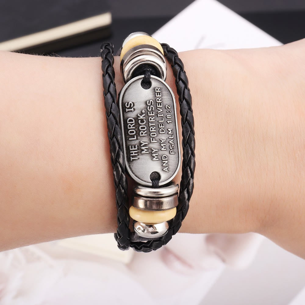Christianartworkshop Handgefertigtes geflochtenes Lederarmband mit Psalm 18:2-Inschrift - image 1