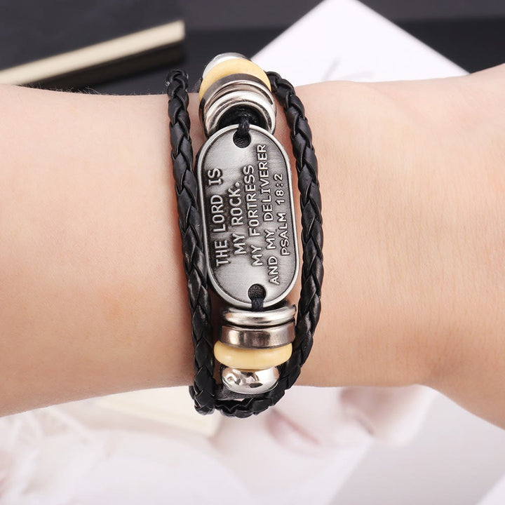 Christianartworkshop Handgefertigtes geflochtenes Lederarmband mit Psalm 18:2-Inschrift - image 1
