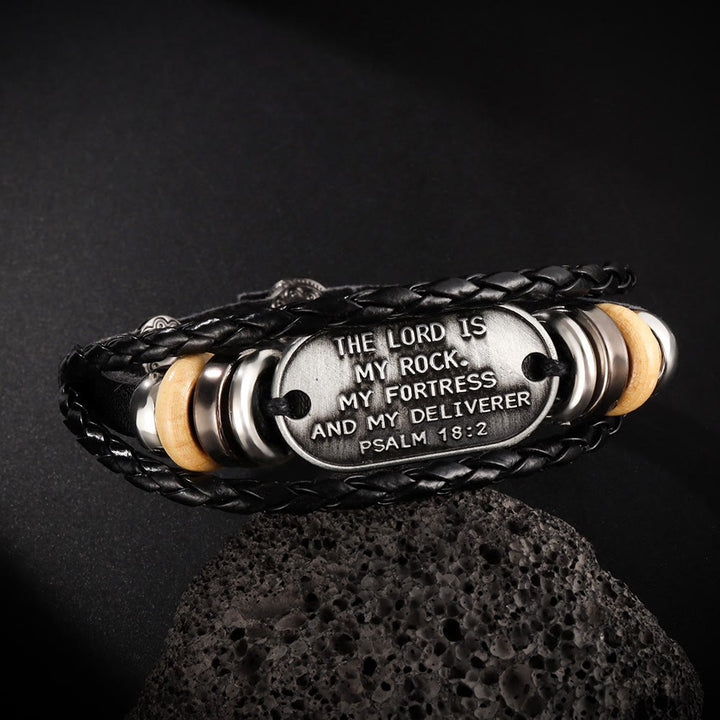 Christianartworkshop Handgefertigtes geflochtenes Lederarmband mit Inschrift aus Psalm 18,2 - Handgelenkumfang: 8,27 Zoll / 21 cm - image 0