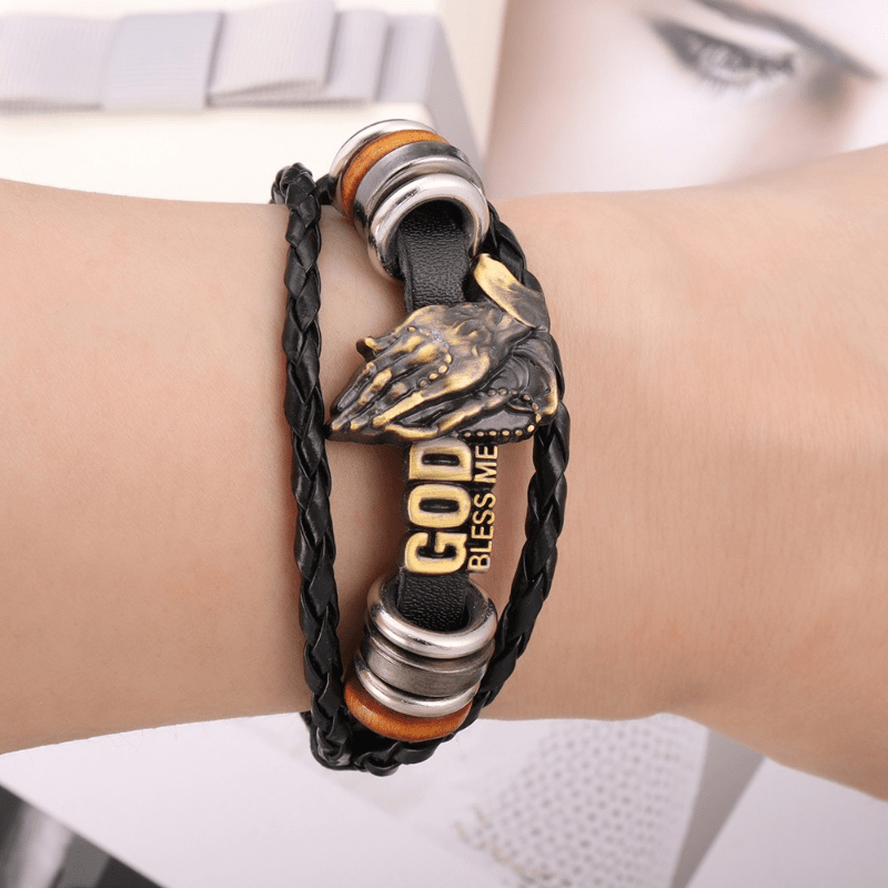 Christianartworkshop Retro-Armband mit betenden Händen, Aufschrift „GOTT SEGNE MICH“, schwarz geflochten - image 1