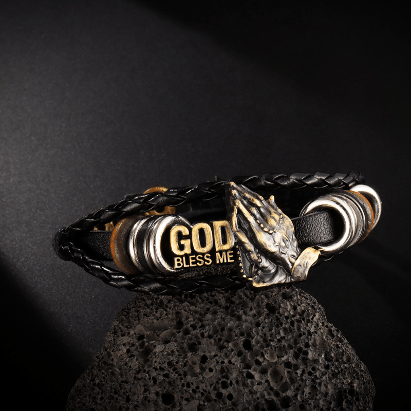 Christianartworkshop Retro-Armband mit betenden Händen, Aufschrift „GOTT SEGNE MICH“, schwarz geflochten - Handgelenkumfang: 8,66 Zoll / 22 cm - image 0