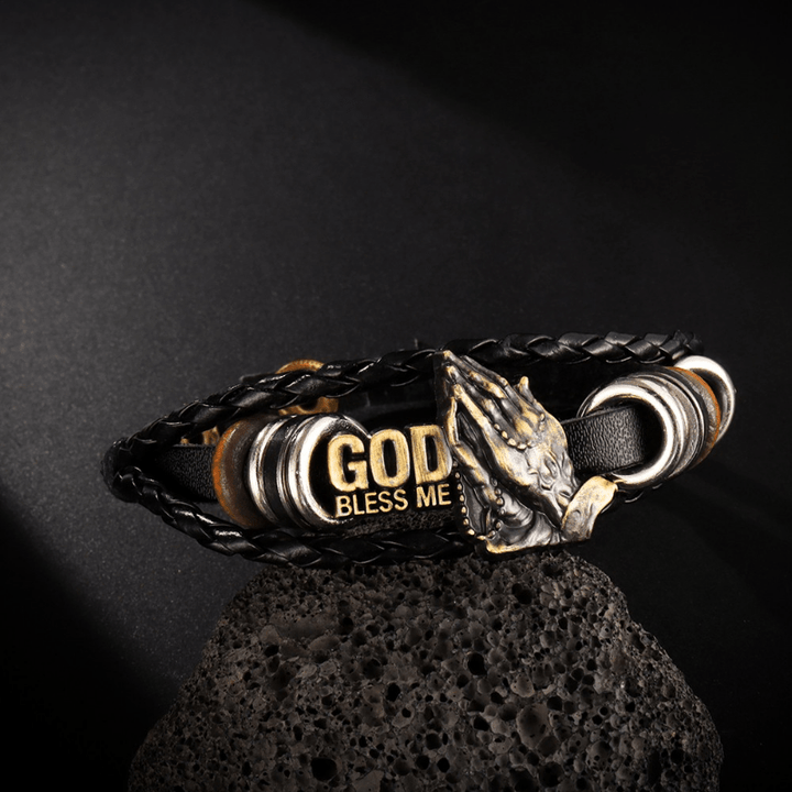 Christianartworkshop Retro-Armband mit betenden Händen, Aufschrift „GOTT SEGNE MICH“, schwarz geflochten - Handgelenkumfang: 8,66 Zoll / 22 cm - image 0
