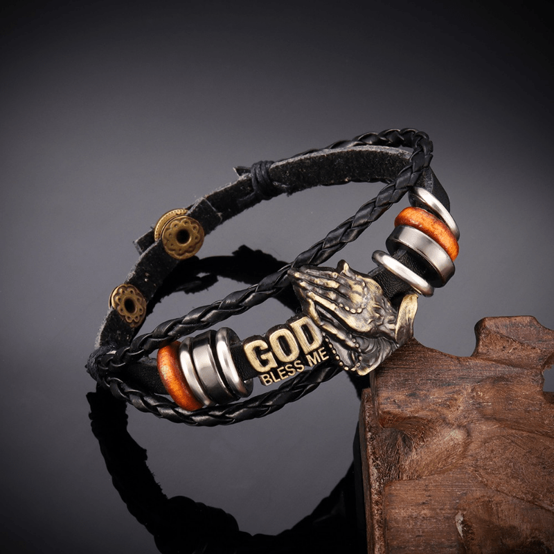 Christianartworkshop Armband im Retro-Stil mit betenden Händen, GOTT SEGNE MICH, schwarzes geflochtenes Design - image 3