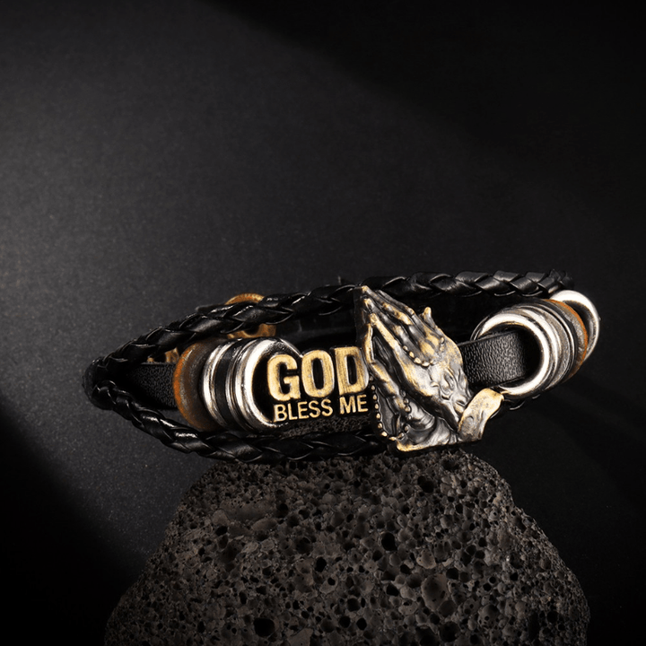 Christianartworkshop Armband im Retro-Stil mit betenden Händen, GOTT SEGNE MICH, schwarzes geflochtenes Design - Handgelenkumfang: 8,66''/22cm - image 0
