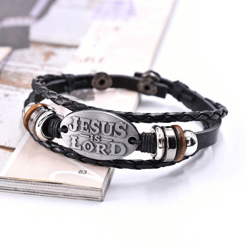 Schwarzes geflochtenes Lederarmband von Christianartworkshop mit der Inschrift „JESUS ​​IST HERR“. - image 6