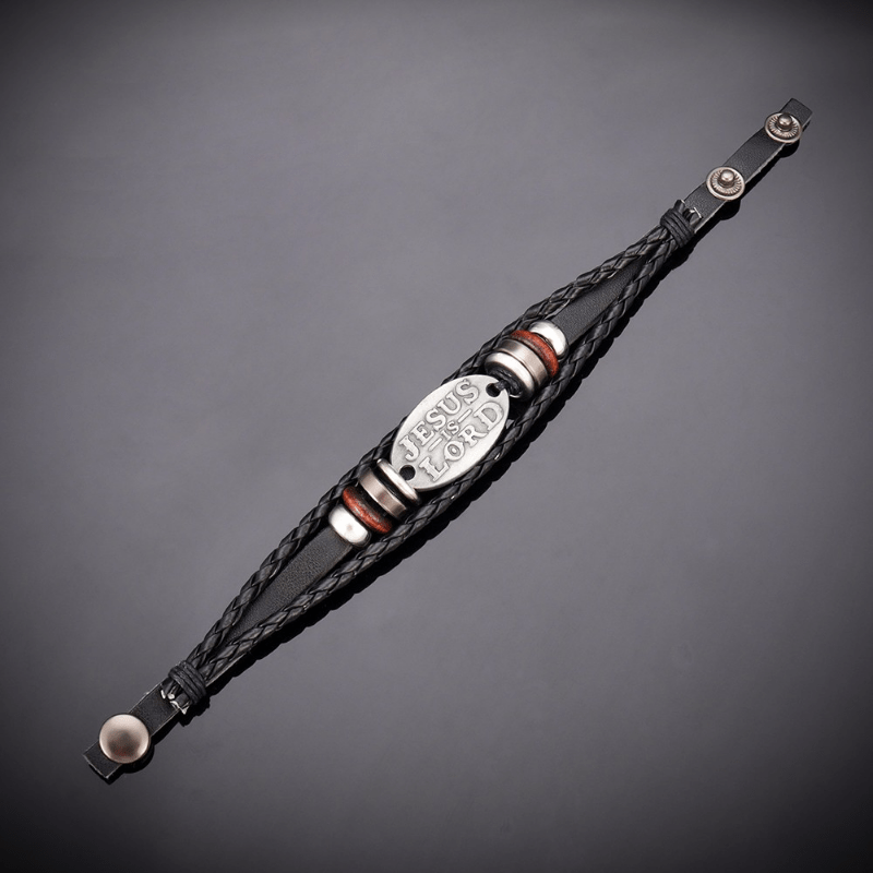 Schwarzes geflochtenes Lederarmband von Christianartworkshop mit der Inschrift „JESUS ​​IST HERR“. - image 3