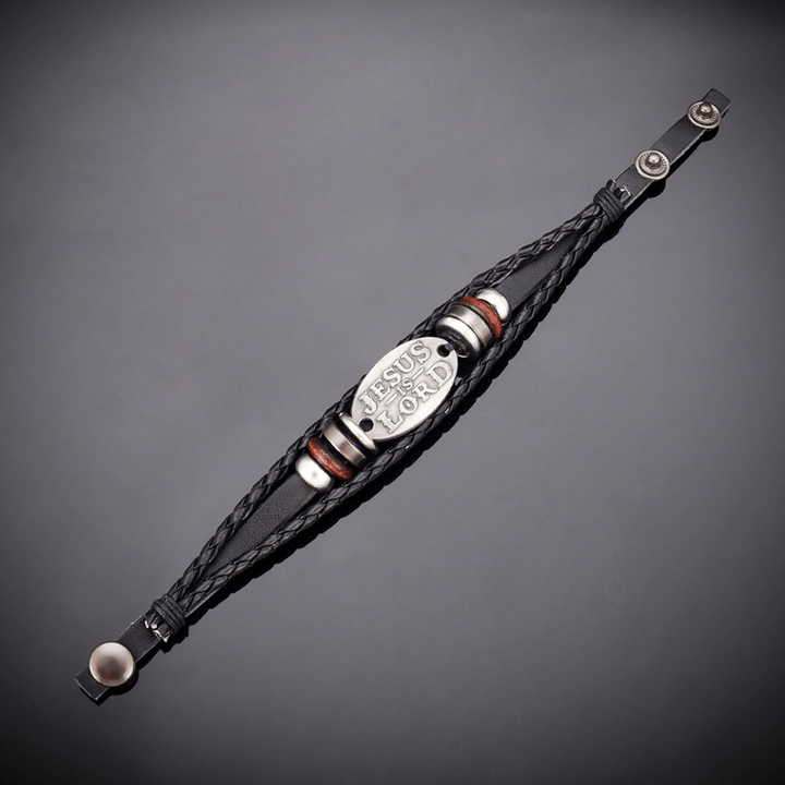 Schwarzes geflochtenes Lederarmband von Christianartworkshop mit der Inschrift „JESUS ​​IST HERR“. - image 3
