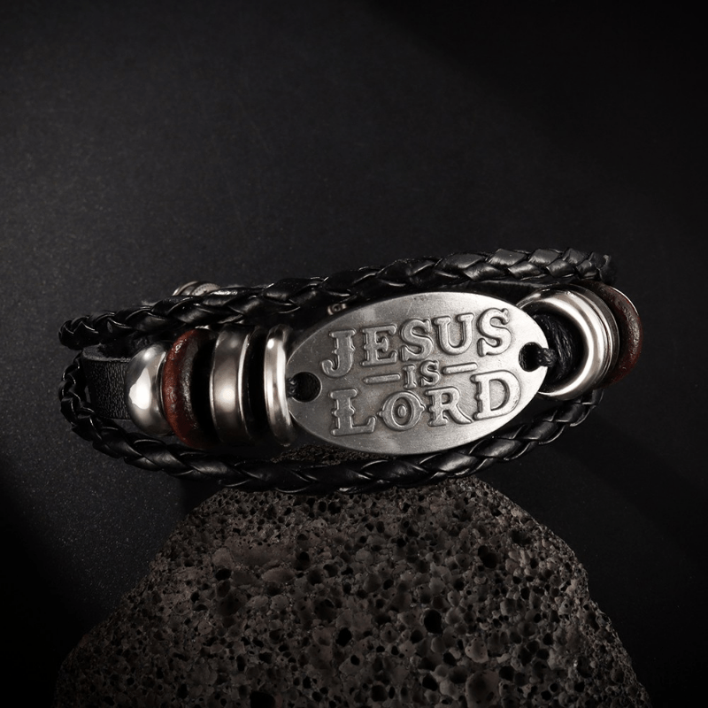 Christianartworkshop Schwarzes geflochtenes Lederarmband mit der Aufschrift „JESUS IS LORD“ - Handgelenkumfang: 8,66''/22cm - image 0