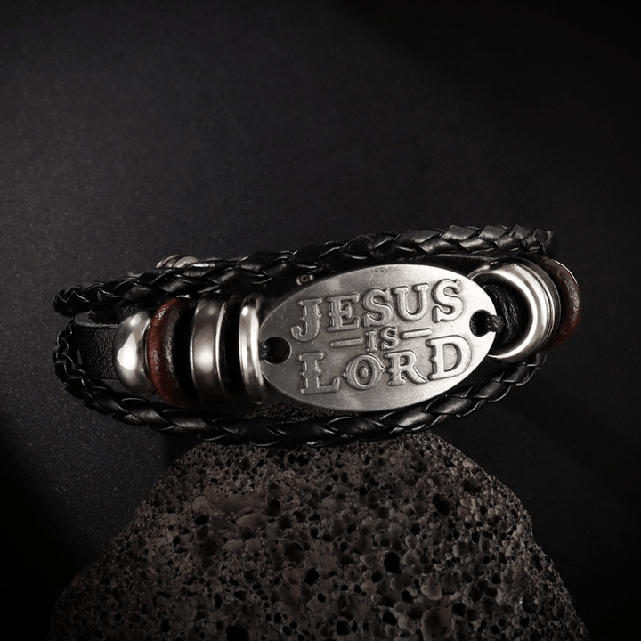 Christianartworkshop Schwarzes geflochtenes Lederarmband mit der Aufschrift „JESUS IS LORD“ - Handgelenkumfang: 8,66''/22cm - image 0