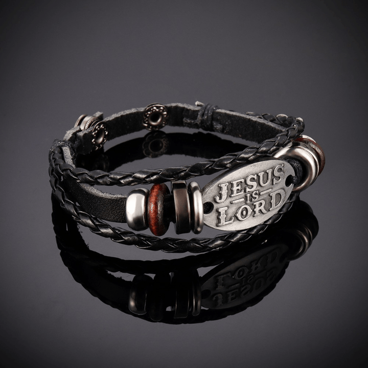 Schwarzes geflochtenes Lederarmband von Christianartworkshop mit der Inschrift „JESUS ​​IST HERR“. - image 2