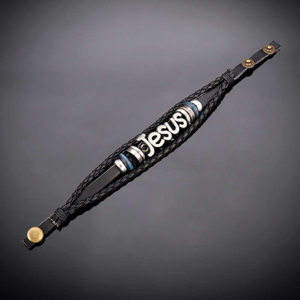 Christianartworkshop Zweifarbiges Jesus-Charm-Armband auf schwarzem geflochtenem Leder - image 6