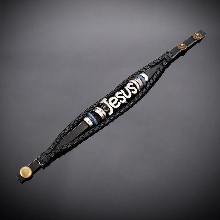 Christianartworkshop Zweifarbiges Jesus-Charm-Armband auf schwarzem geflochtenem Leder - image 6