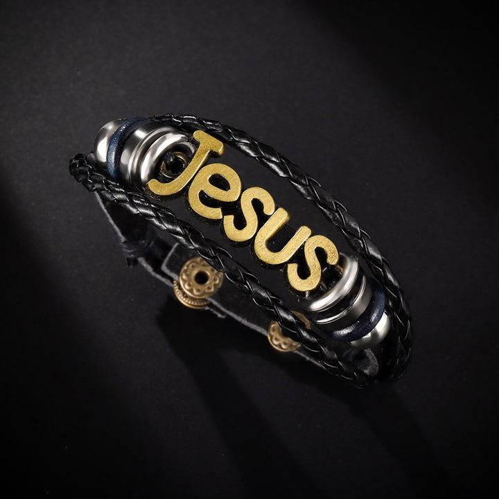 Christianartworkshop Zweifarbiges Jesus-Charm-Armband auf schwarzem geflochtenem Leder - image 1