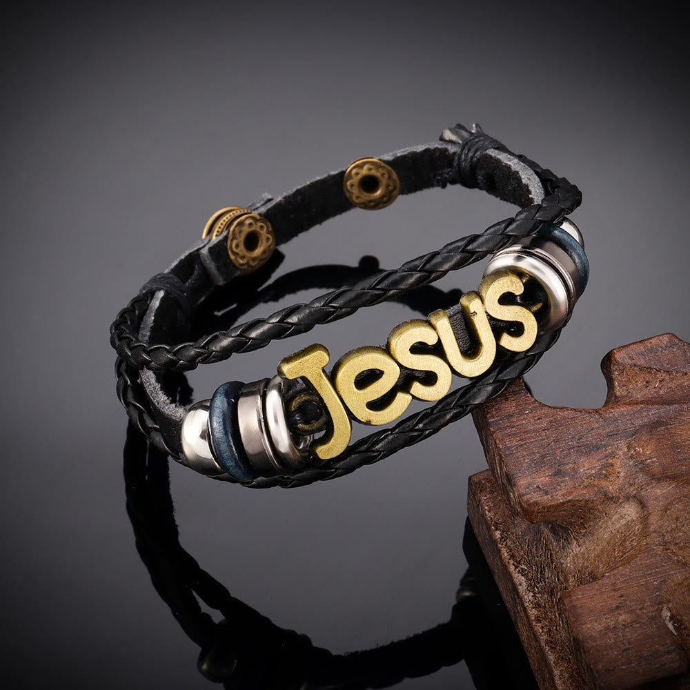 Christianartworkshop Zweifarbiges Jesus-Charm-Armband auf schwarzem geflochtenem Leder - Bronze - image 0